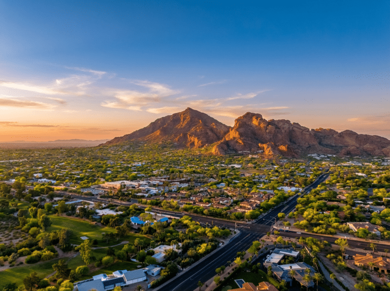 Aerial view of Camelback East Village in Phoenix — Camelback East Village marketing along the Camelback Corridor