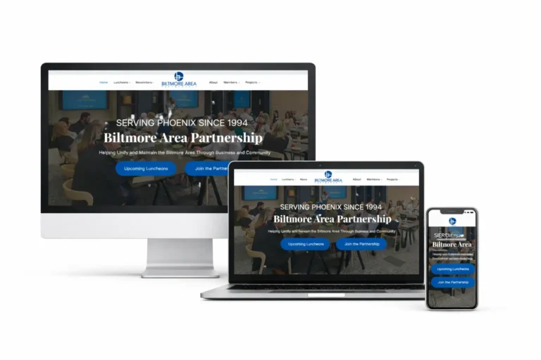 Biltmore Area Partnership website shown on desktop, tablet, and mobile screens.