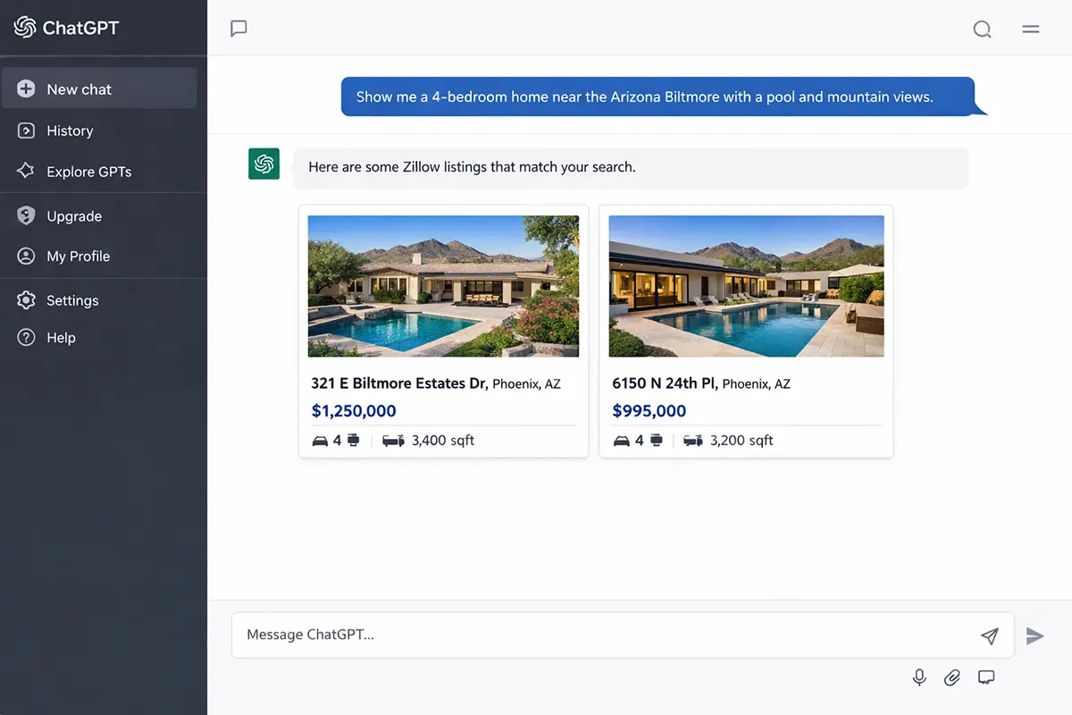 ChatGPT Zillow listings mockup for Biltmore Phoenix homes Mockup of ChatGPT displaying Zillow home listings in the Biltmore area of Phoenix