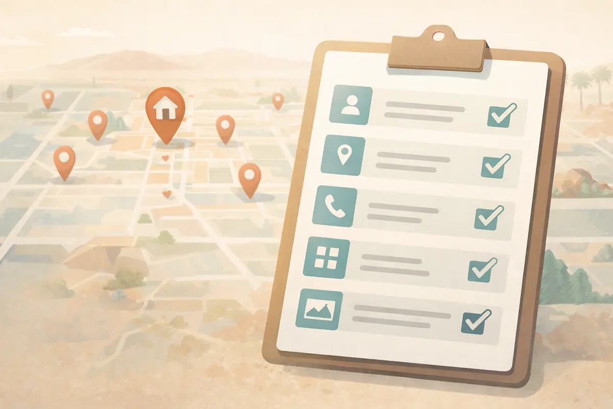 Illustrated checklist for Google Business Profile setup with name, address, phone, categories, photos and reviews over a Phoenix map with location pins.
