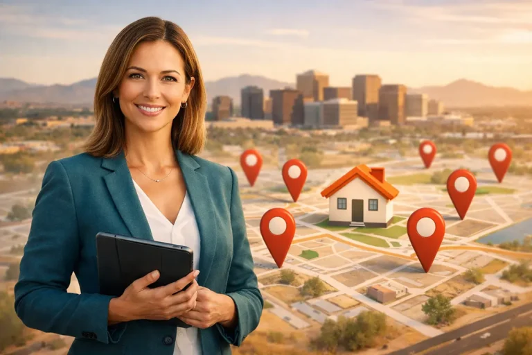 Smiling Phoenix real estate agent holding a tablet with a city skyline and digital map showing home icons and location pins in the background, illustrating Google Business Profiles for local real estate.