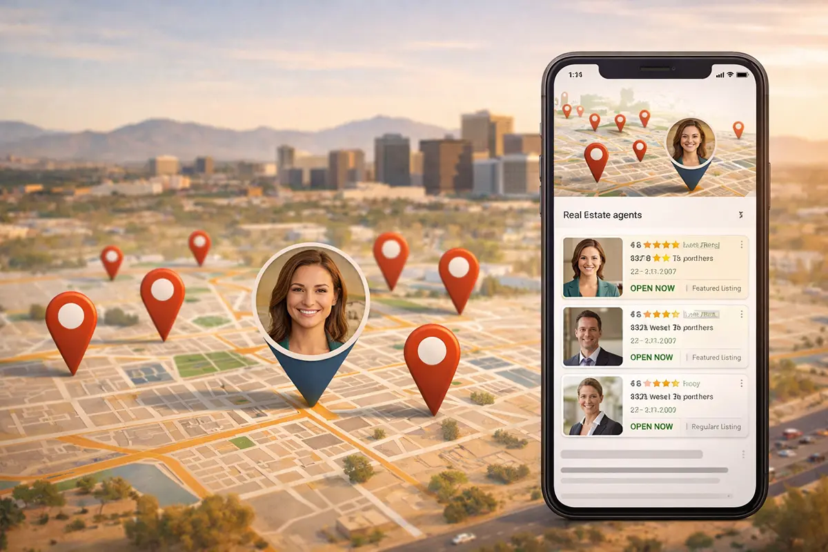 Phoenix skyline with map pins and a smartphone showing a list of real estate agents in local search results with ratings and open status.