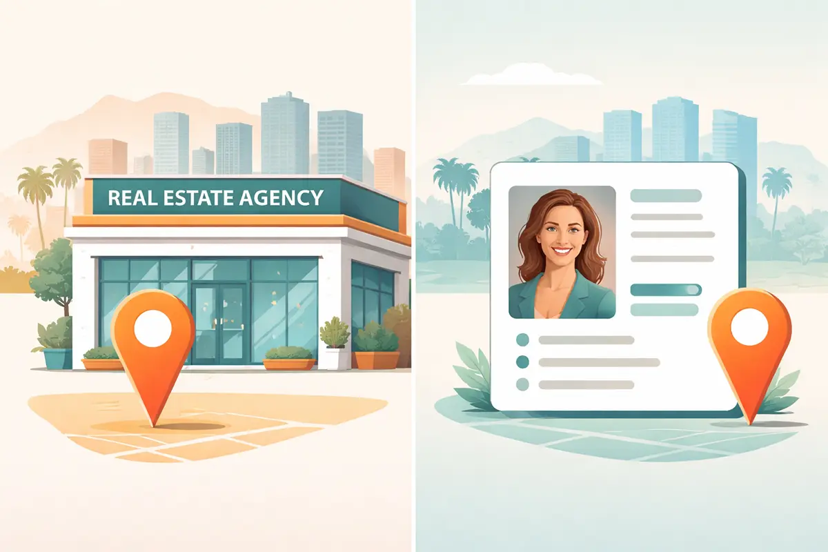 Split illustration showing a Phoenix real estate agency storefront with a map pin on one side and an individual agent profile card with a separate map pin on the other.