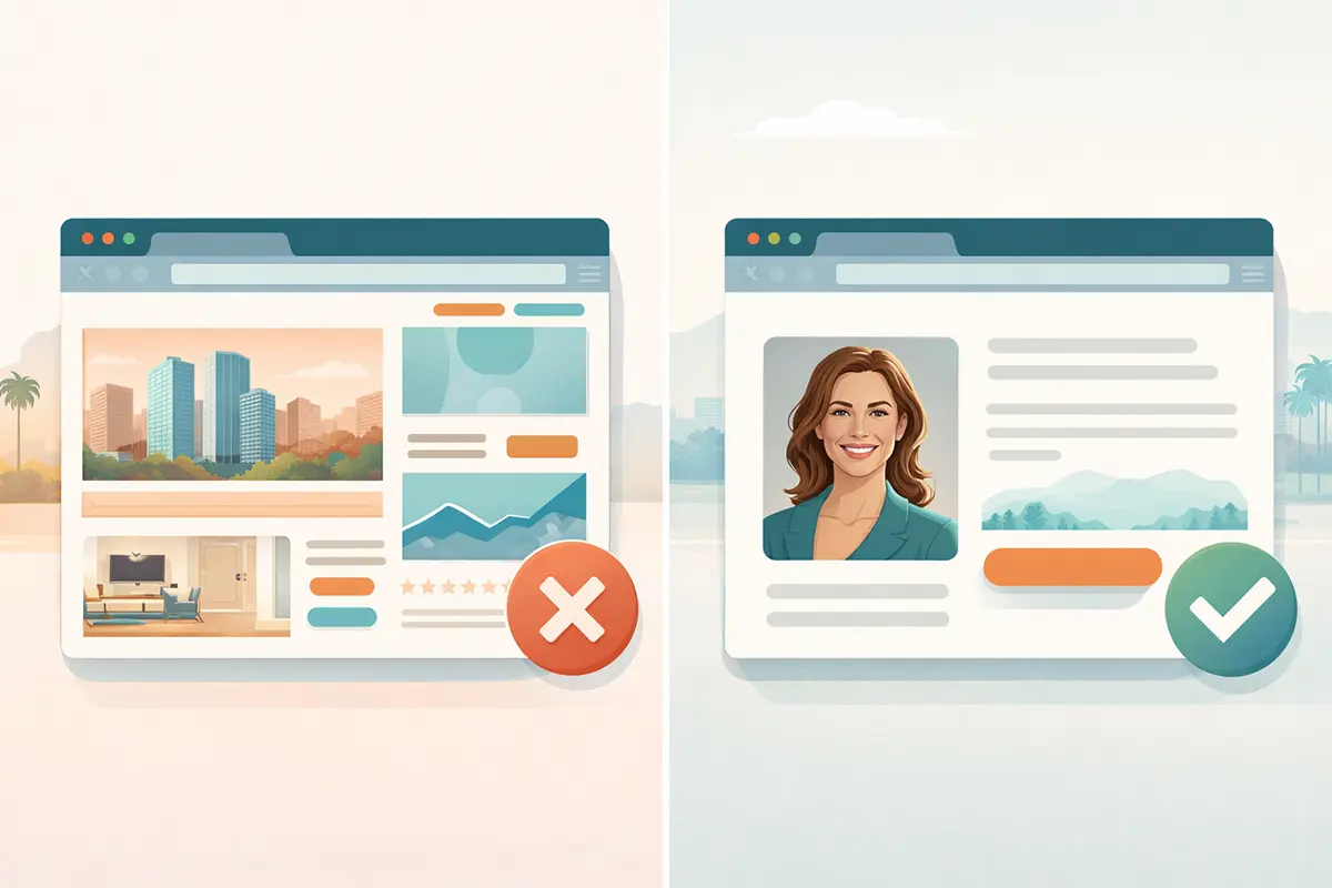 Side-by-side browser windows comparing a cluttered general real estate website with an optimized agent landing page featuring a headshot, clear info and a strong call to action.