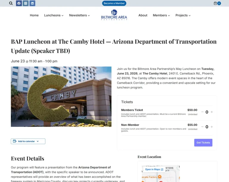 BAP Landing Page Design in Phoenix Case Study — 530 Submissions, 60% Conversion BAP Business Luncheons landing page on biltmoreareapartnership.com showing the page hero and three upcoming luncheon event cards with date, venue, and same-page ticket purchase — the layout that drove a 116.78% YoY ticket sales increase.