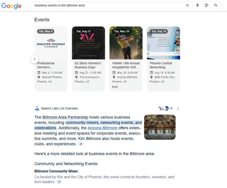 Google AI Overview search result citing Biltmore Area Partnership as primary source for "business events in the Biltmore area"
