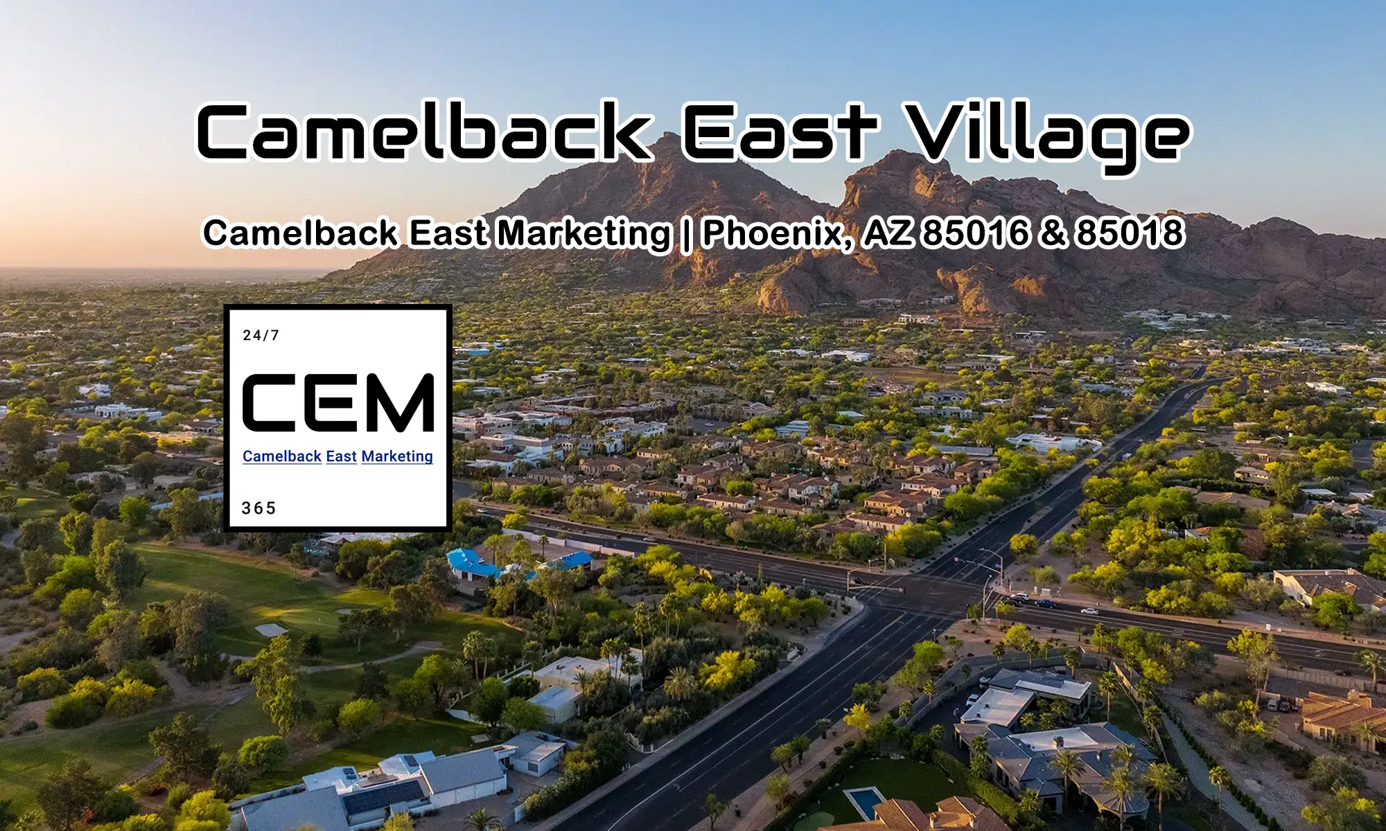 Aerial view of Camelback East Village in Phoenix showing Camelback Mountain — Camelback East Village marketing agency