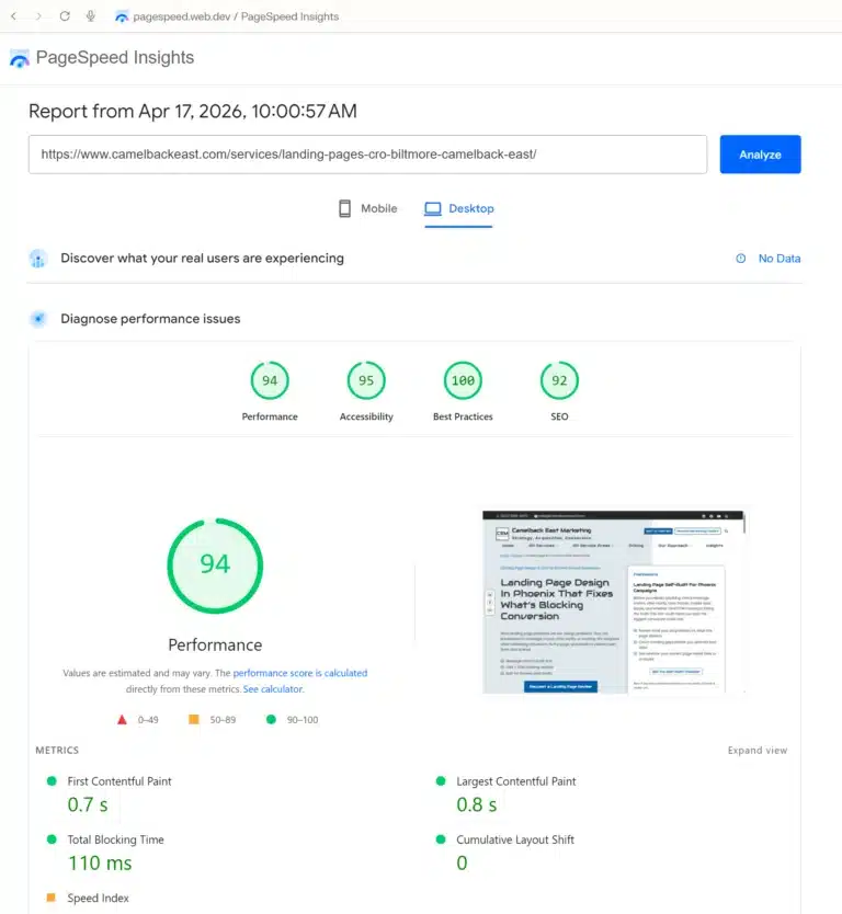 CEM PageSpeed — Landing Page Design in Phoenix Performance Benchmarks Landing page design in Phoenix performance benchmarks: Google PageSpeed Insights showing 94 Performance, 95 Accessibility, 100 Best Practices, and 92 SEO scores for camelbackeast.com — verified live, demonstrating the CRO and tracking standards Camelback East Marketing applies to client landing pages.