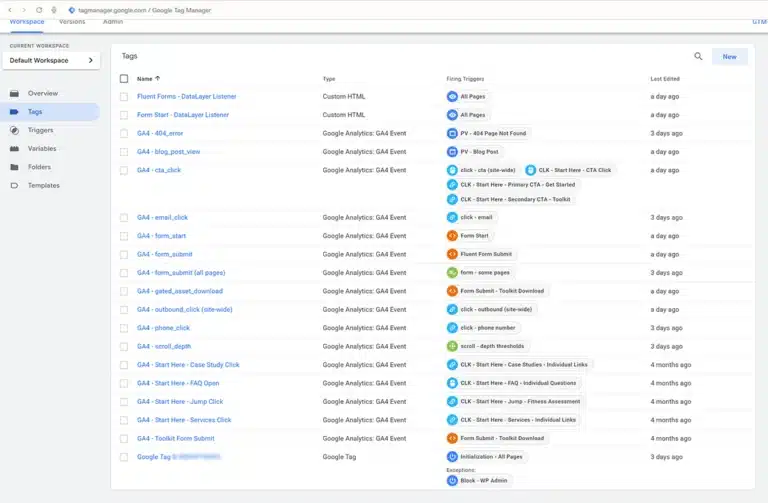 Google Tag Manager container for Camelback East Marketing showing 20 organized tags including CTA clicks, form submissions, phone calls, scroll depth, and outbound link tracking