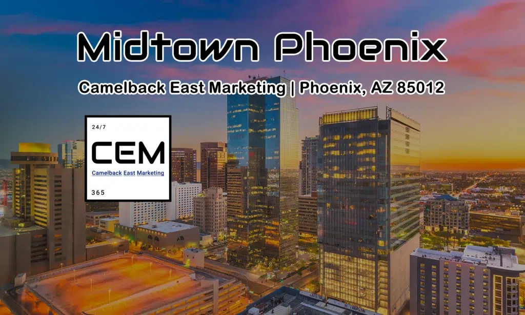 Aerial view of Midtown Phoenix skyline at dusk — Camelback East Marketing serves businesses along the Central Avenue corridor in Phoenix 85012