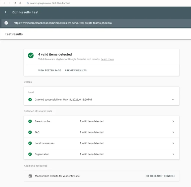 Google Rich Results Test confirming 4 valid structured data items detected (Breadcrumbs, FAQ, Local businesses, Organization) on the CEM real estate team marketing page in Phoenix