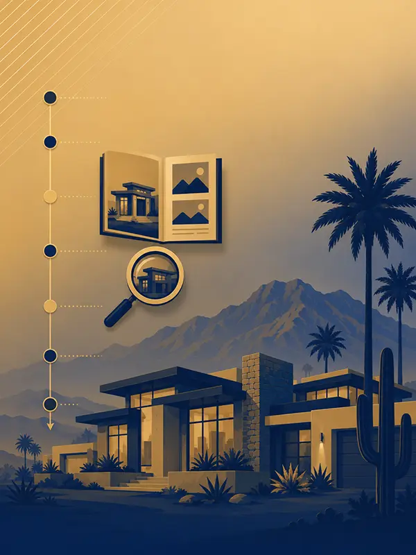 Vertical brand illustration of a Phoenix luxury home with a stylized 6–18 month decision timeline, Camelback Mountain, palms, and saguaros.