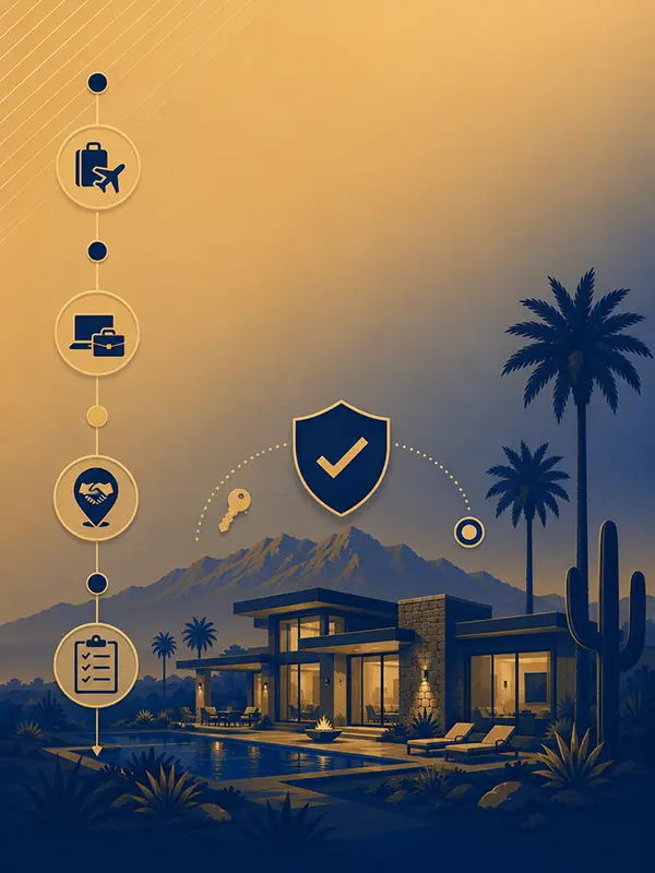 Vertical brand illustration of a Phoenix luxury home being watched and cared for while owners are away, with icons representing snowbirds, traveling owners, Realtor referrals, and multi-vendor coordination, set against a Camelback Mountain silhouette.