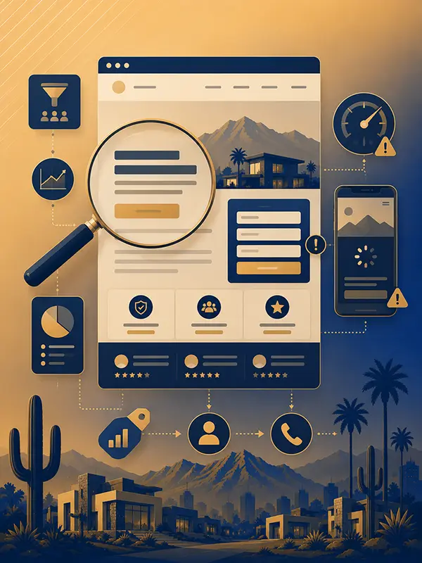 Flat vector illustration showing common Phoenix landing page conversion issues, including form friction, mobile performance problems, analytics review, and lead funnel breakdowns