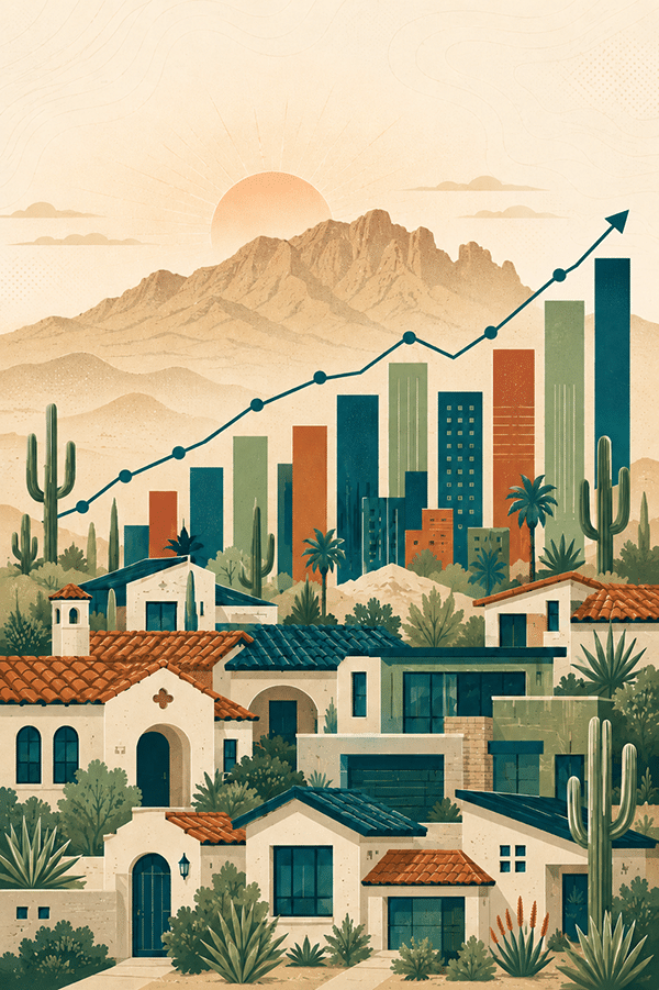 Phoenix MPC market — sustained growth through 2025–26. Illustration of Phoenix master-planned communities growth with desert mountains, Spanish-tile rooftops, saguaros, and an upward-trending chart