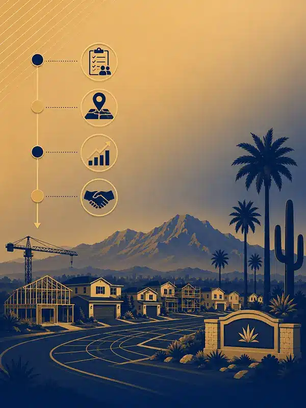 Vertical brand illustration of a Phoenix new home community with a phase timeline showing pre-sale waitlist, launch visibility, absorption growth, and Realtor co-op support, set against a Camelback Mountain silhouette.