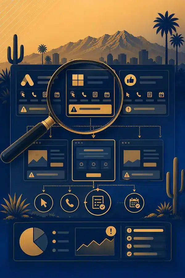 Illustration of a Phoenix paid media audit board showing Google Ads, Microsoft Ads, and paid social campaigns being inspected with a magnifying glass, arrows into landing pages and lead tracking, and Camelback Mountain in the background.