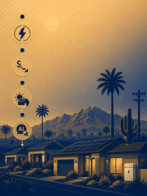 Vertical brand illustration of the 2026 Phoenix solar market with desert homes featuring rooftop solar and battery storage, plus icons for utility costs, post-ITC incentives, solar adoption, and AI research cycles.
