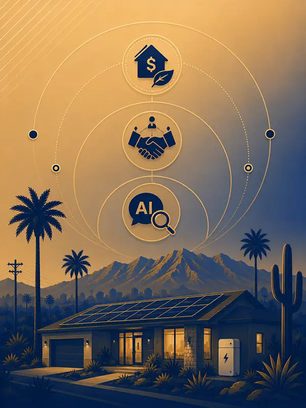Vertical brand illustration of why CEM's solar marketing model fits Phoenix — post-ITC buying reality, referral and partnership pipeline, and AI search and long research cycles, set against a Camelback Mountain silhouette.